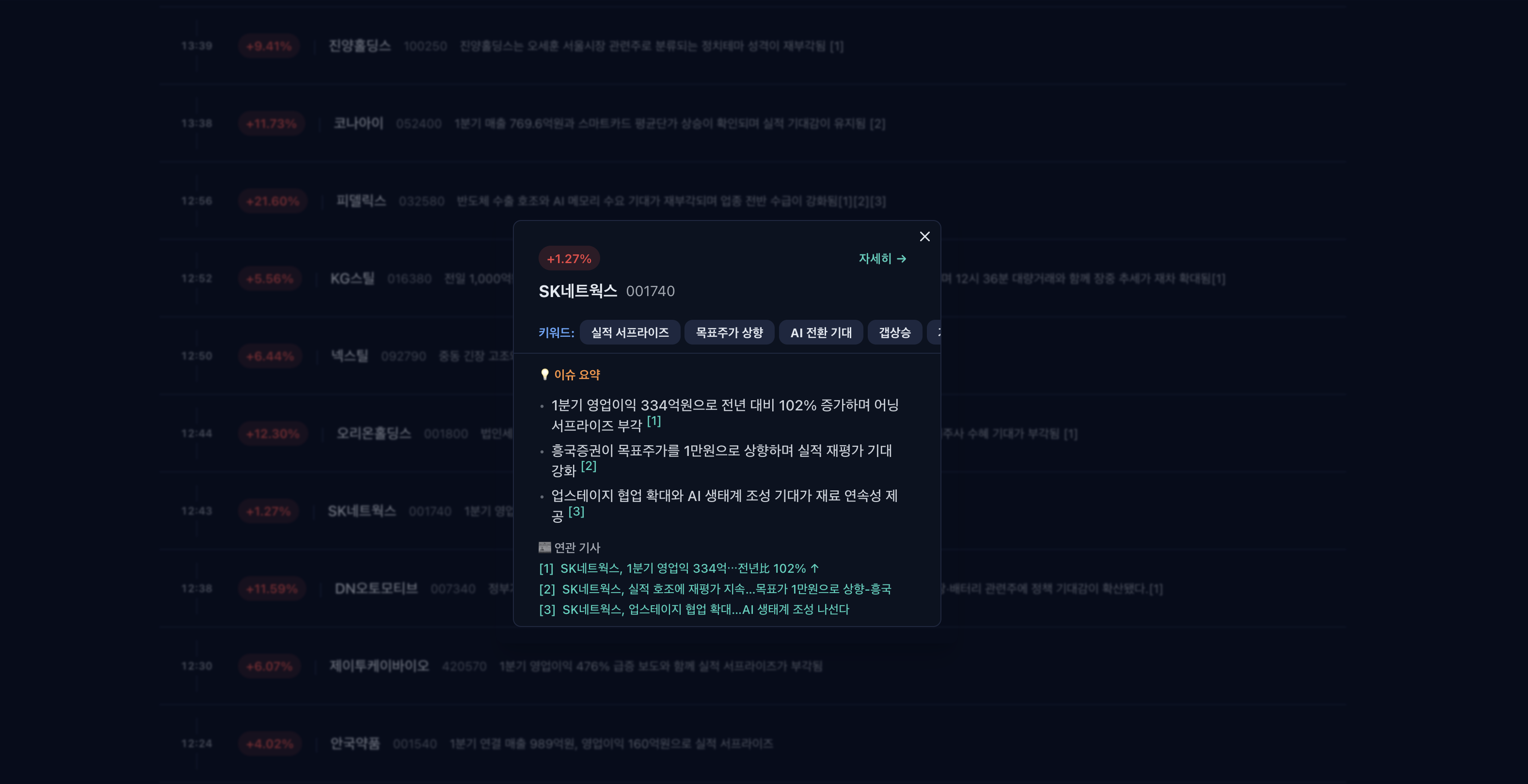 장중 특징주 화면