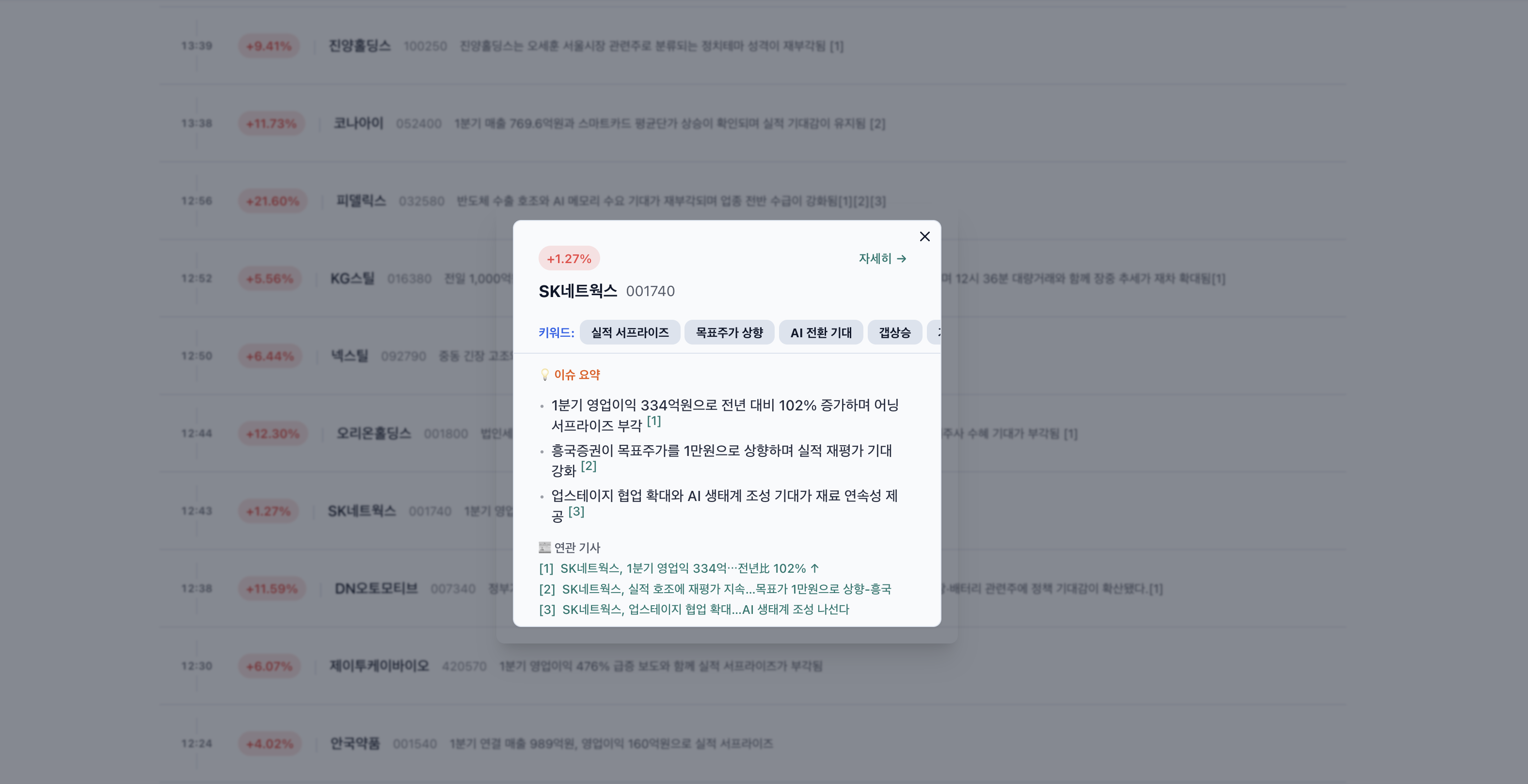 장중 특징주 화면